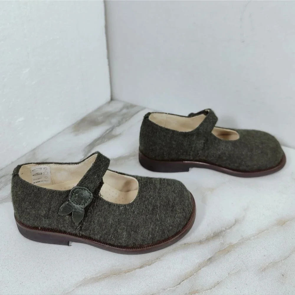 Pappa & Ciccia Italy Dark Green Heather Wool Baby Mary Jane Dress Shoes, 6